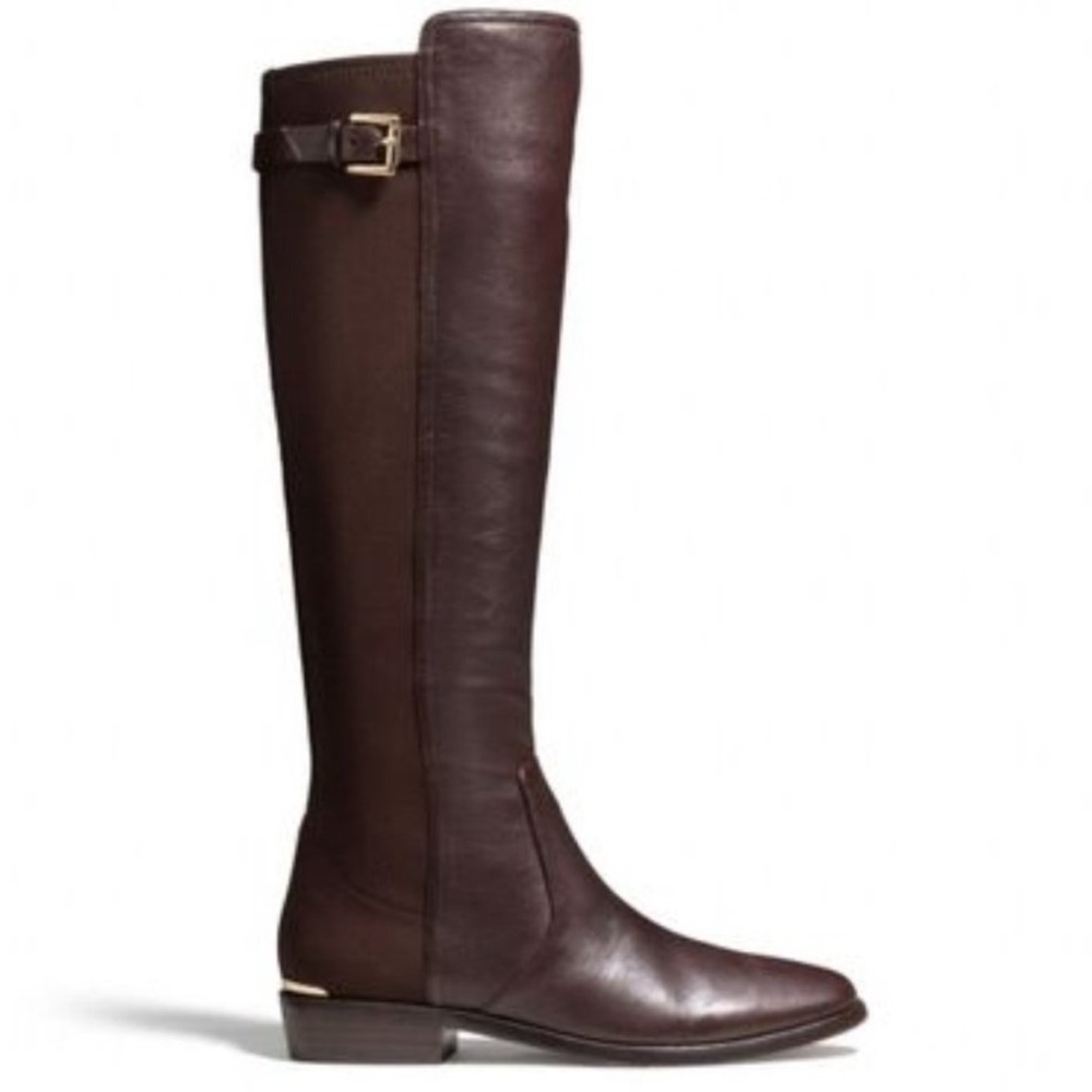 Coach Lilac Tall Boots Brown Leather Fabric Stretch Panel Size 10 Buckle Classy